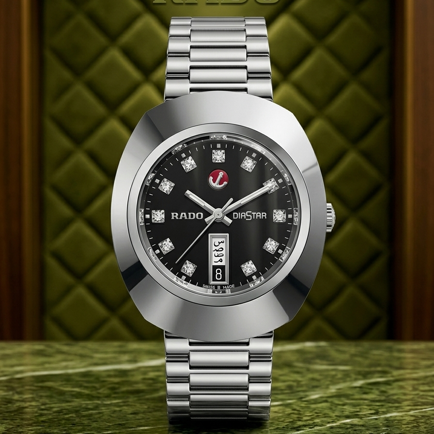 Silver Rado watch with black dial on a green textured surface